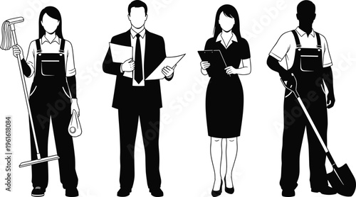 Diverse professions and workers silhouette cad drawing flat vector illustration including cleaner businessman secretary and construction worker for employment design,