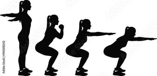 Woman performing squat exercise sequence silhouette cad drawing flat vector illustration of fitness workout stages and healthy active lifestyle routine,