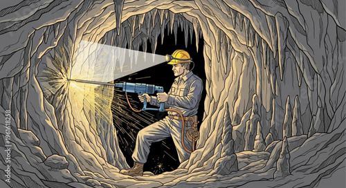 Miner at Work - Underground Drilling in a Cave.