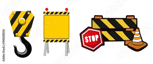 Construction safety equipment set with crane hook, barricades, stop sign, and traffic cone in flat vector style.