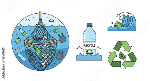 Ocean pollution concept: fishing net full of plastic waste, recycle symbol, plastic bottle