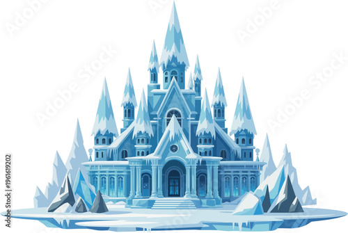 A magnificent castle made entirely of ice stands proudly on a small frozen island surrounded by sharp icebergs.