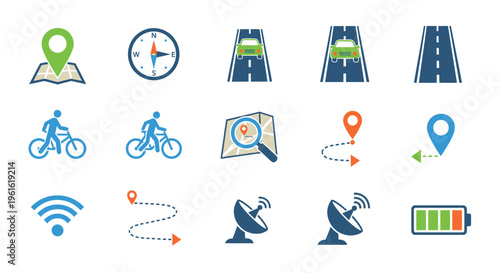 Navigation and Location Icons: GPS, Map, Road, Bicycle, Wifi, Satellite Dish, Battery