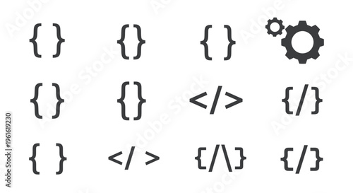 Coding Symbols: Braces, Brackets, and Gear Icon for Software Development
