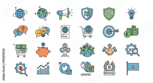 Business and Finance Icons Set: Global Growth, Marketing, Investment, SEO, Bitcoin