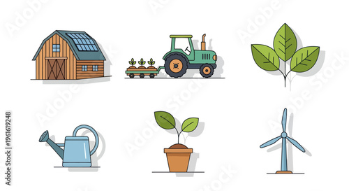 Farming Icons: Barn, Tractor, Plant, Watering Can, Seedling, Wind Turbine