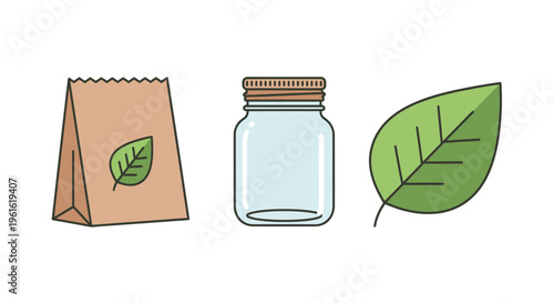 Eco-friendly packaging concept: paper bag, glass jar, and green leaf icons