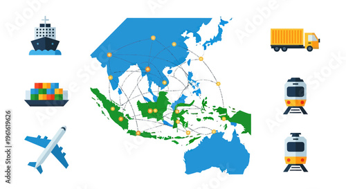 Global Logistics Network Map: Asia, Australia, Transportation Icons