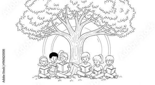 children sitting under tree reading books