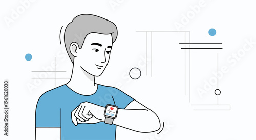 Illustration of a man checking his smartwatch on his wrist with a blue t-shirt in a minimalist setting.