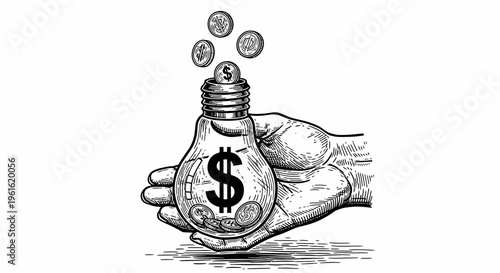 Hand Holding a Light Bulb with Dollar Coins and a Dollar Sign Inside on an Isolated White Background Illustrating Profitable Ideas and Financial Success
