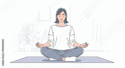Illustration of a serene woman meditating in lotus position on a yoga mat in a peaceful room with plants.