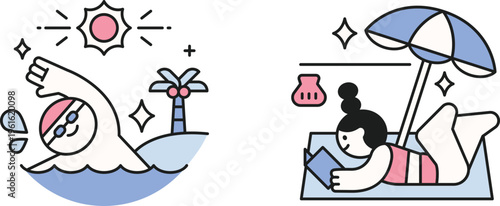 Relaxing beach vacation with sun, swimming, reading, and tropical vibes under an umbrella