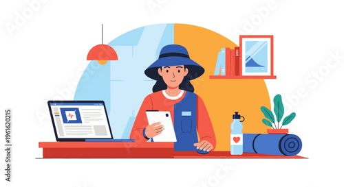 Illustration of a woman wearing a blue apron and hat sitting at a desk with a laptop and yoga mat in a colorful setting.