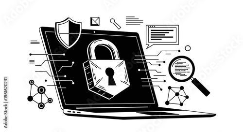 cyber security concept with laptop and padlock