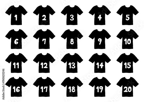 1から20までの数字が書いてある黒いシャツの手描きイラストセット