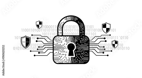 cyber security concept with padlock and shields