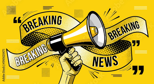 Hand Holding Megaphone with Breaking News Text and Ribbons on Vibrant Yellow Background for Urgent Announcements and Media Concepts