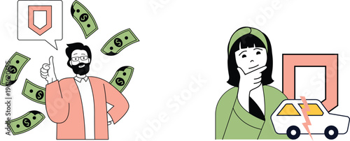 A man showing money while a woman looks concerned about a car with a lightning symbol nearby