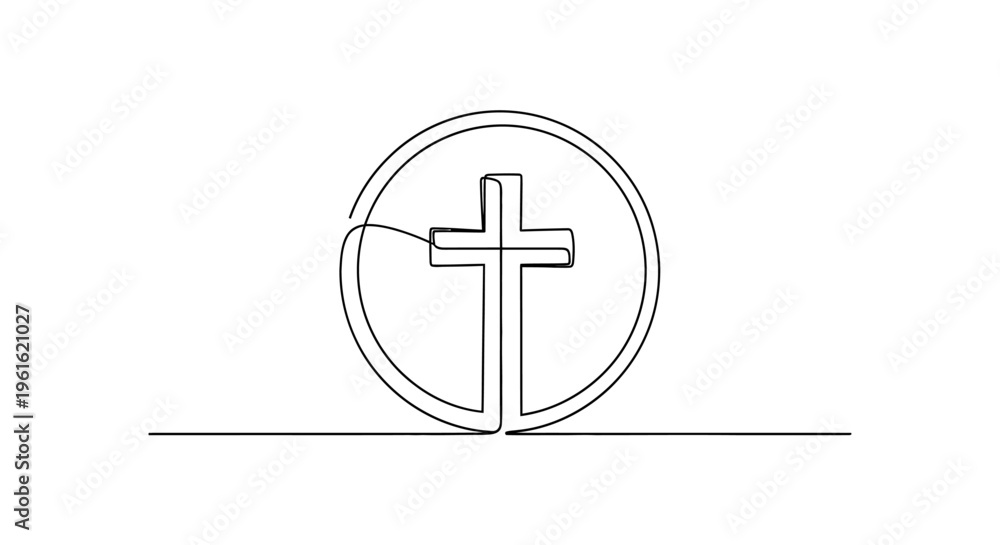 Fototapeta premium Christian Cross Symbol in Circle, Continuous Line Drawing, Religious Iconography