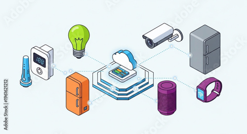 Isometric Smart Home Devices Connected to Cloud Computing Platform.