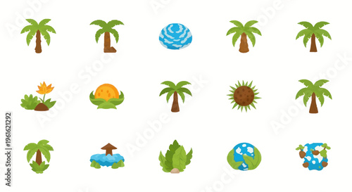 Tropical Island Icons: Palm Trees, Sun, Flowers, Globe, Plants - Flat Design