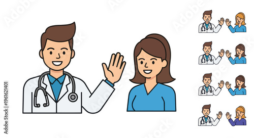 Doctor and Nurse Waving Hello, High Five, Cartoon Medical Team Illustration Set