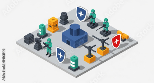 Isometric Illustration of a Medical Security Team Protecting a Facility.