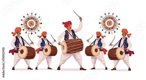 Illustration of traditional Rajasthani drummers performing with colorful turbans and drums on Rajasthan Foundation Day, showcasing cultural heritage and folk dance.