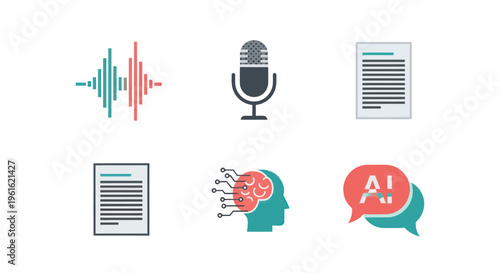 AI Speech Recognition and Transcription Icons: Voice Waveform, Microphone, Document, Brain