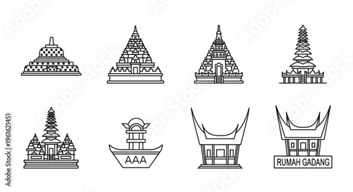 Iconic Indonesian Architecture - Temples and Traditional Houses Line Art.