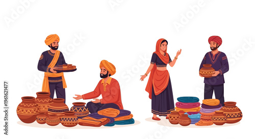 Illustration of traditional Rajasthani people celebrating Rajasthan Day with cultural festival, heritage concept, and traditional dress in a vibrant cultural diversity celebration.