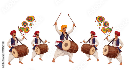 Illustration of traditional Rajasthani men in folk dance attire playing drums and wielding sticks on Rajasthan Day, conveying cultural heritage and celebration.