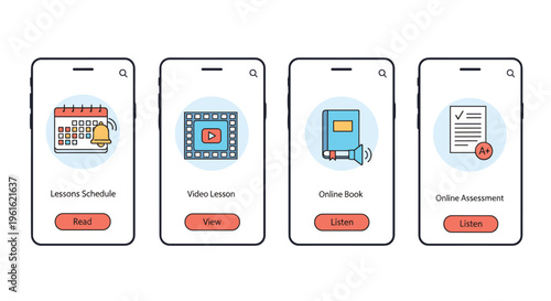 Professional set of smartphone interfaces for mobile education applications showing lesson schedules video courses digital books and tests.