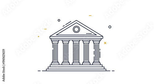 Minimalist line art illustration of a classical building with pillars representing a national bank museum or important government institution.