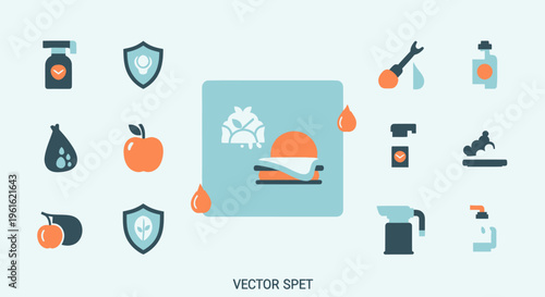 Food Safety Icons: Burger, Apple, Jars, Shield, Droplets, Spray