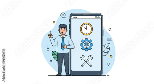 Customer support or technical assistance concept featuring a professional man showing service icons on a giant interactive smartphone screen.