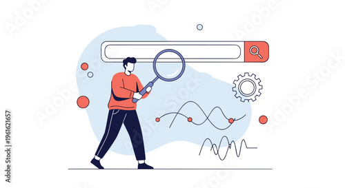 Search engine optimization and digital data analysis concept featuring a professional person using a magnifying glass on a web search bar.