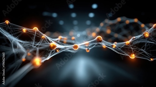 Abstract representation of digital network connections with glowing lines and nodes, set in a dark server room environment, illustrating the concept of data flow and technology infrastructure