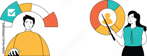 Two individuals using visual tools to illustrate progress and personal development through graphical targets and checkmarks