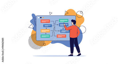 Project management and business workflow optimization concept featuring a professional person analyzing a detailed flowchart on a digital screen.