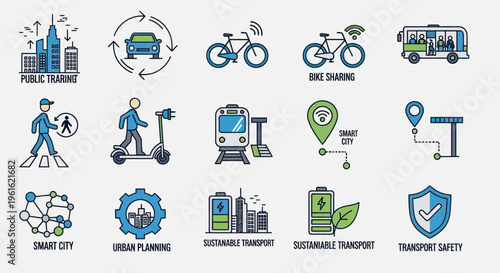 Smart City Transportation Icons: Eco-Friendly Urban Mobility and Connectivity