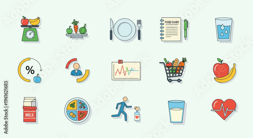 Healthy Lifestyle Icons: Diet, Fitness, Nutrition, Weight Loss, Shopping, Medical