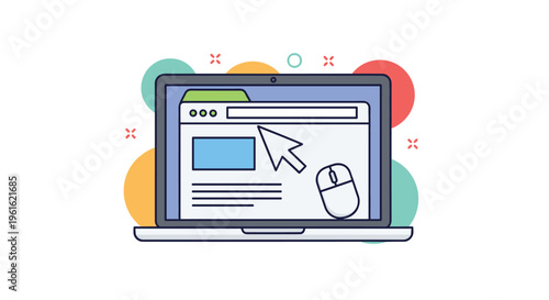 Web browsing and modern internet technology concept showing a laptop computer with an open browser window and navigation tools for users.