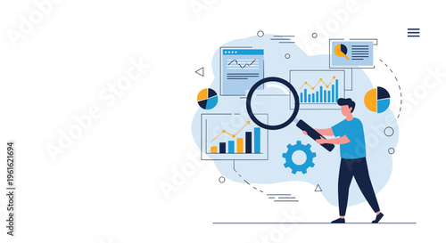 Detailed data analysis and business reporting concept featuring a professional person examining financial growth charts with a magnifying glass.