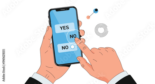 Decision making and user feedback concept with professional hands interacting with binary choice buttons on a modern mobile smartphone device.