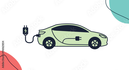 Electric vehicle charging concept showing a green eco-friendly car connected to a power source representing sustainable future transportation.