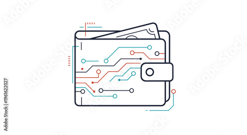 Digital wallet concept illustrated with circuit board patterns on a leather purse symbol for cryptocurrency and fintech.