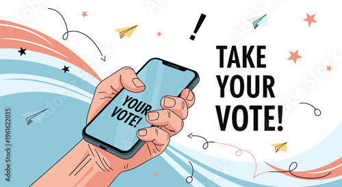 Hand holding a mobile phone for digital voting concept with colorful waves and paper planes on a white background.