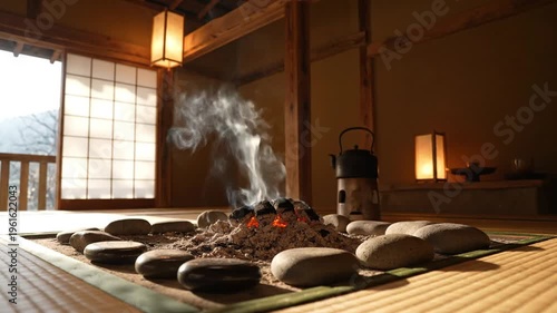 Japanese hearth with glowing embers and steam rising from a central charcoal fire
